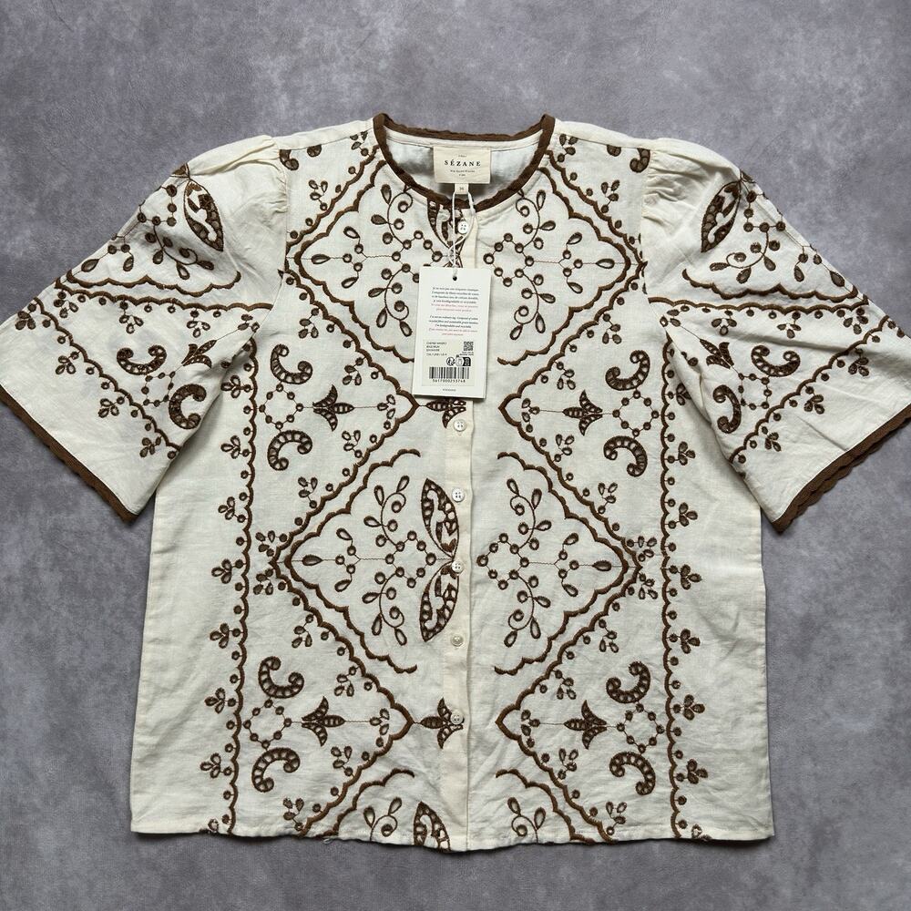 Sezane Waverly Blouse NWT Beige Brown Embroidered Linen Cotton Lace Trim 36 US 4 - Picture 10 of 16